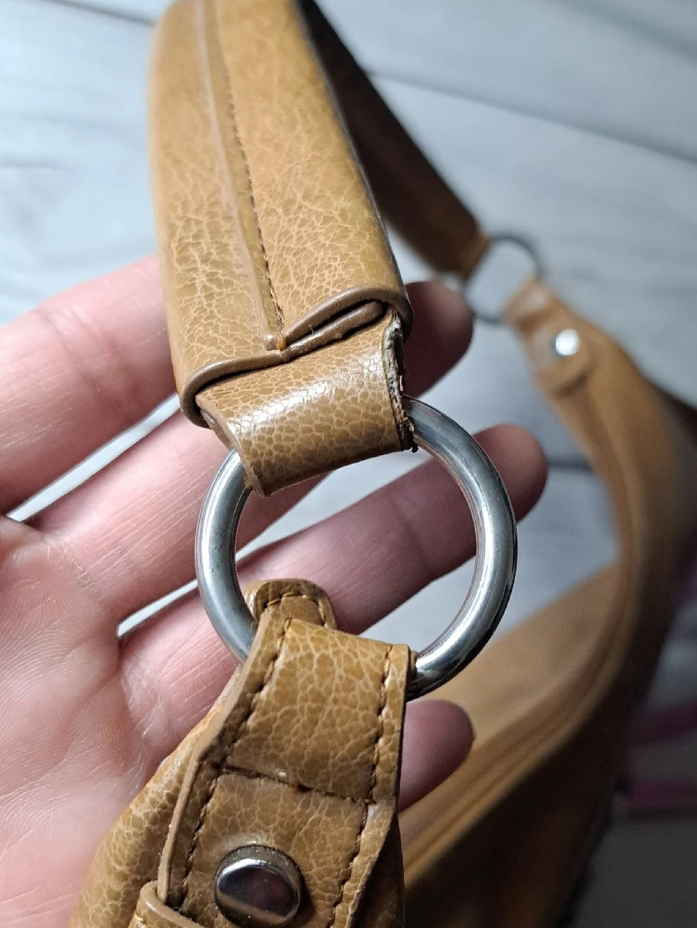 Women's Tan Hobo Shoulder Bag with Silver Ring Accents